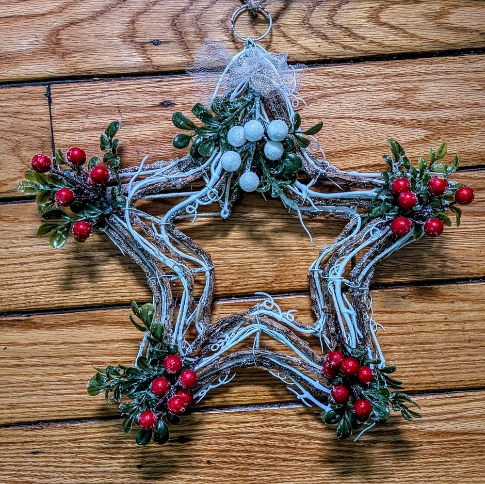 Handmade Star Shaped Holiday Wreath with Faux Holly & Greens